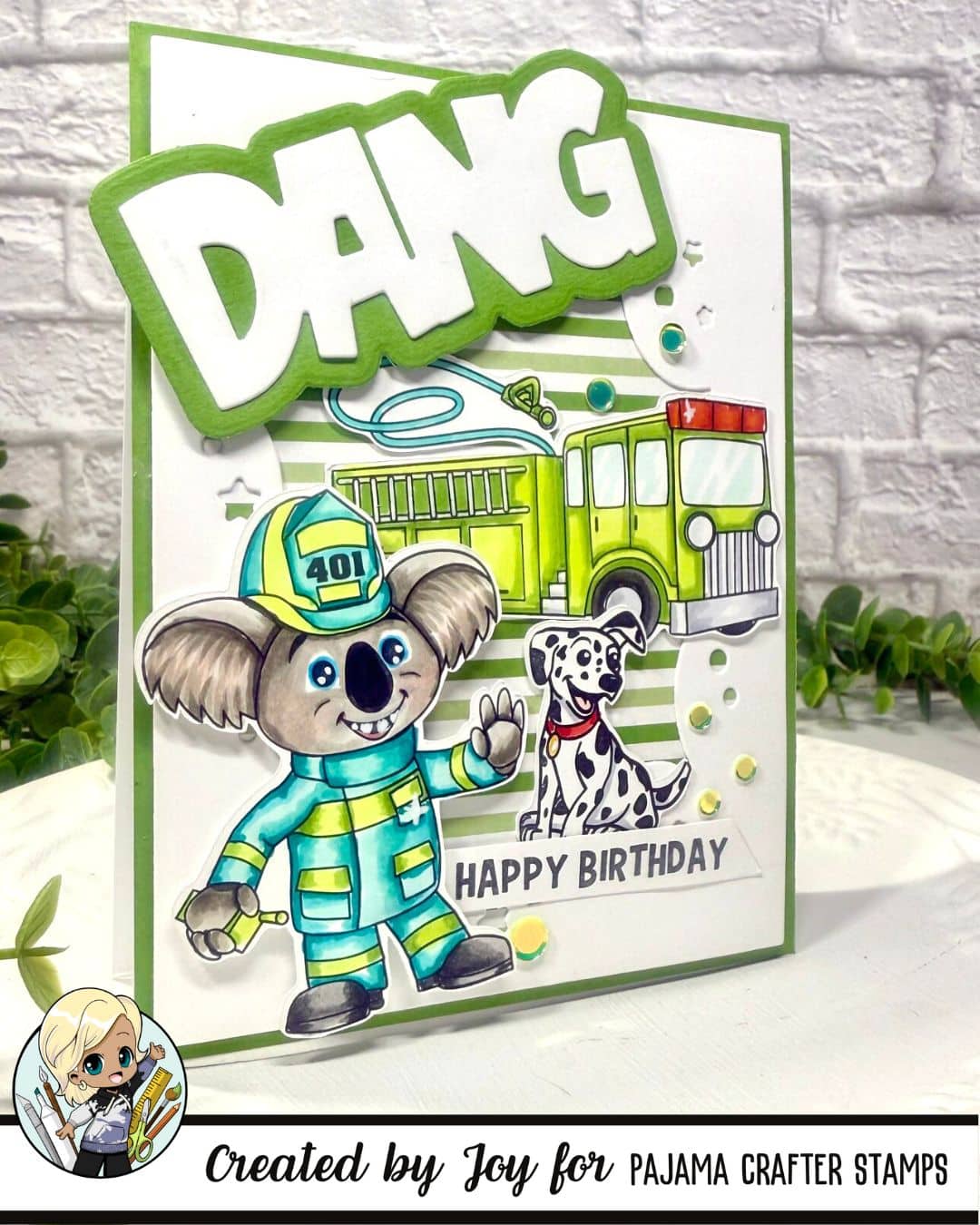 Firefighter Koala Stamp, Lime Green Fire Truck, and a Craft Roulette Adventure!